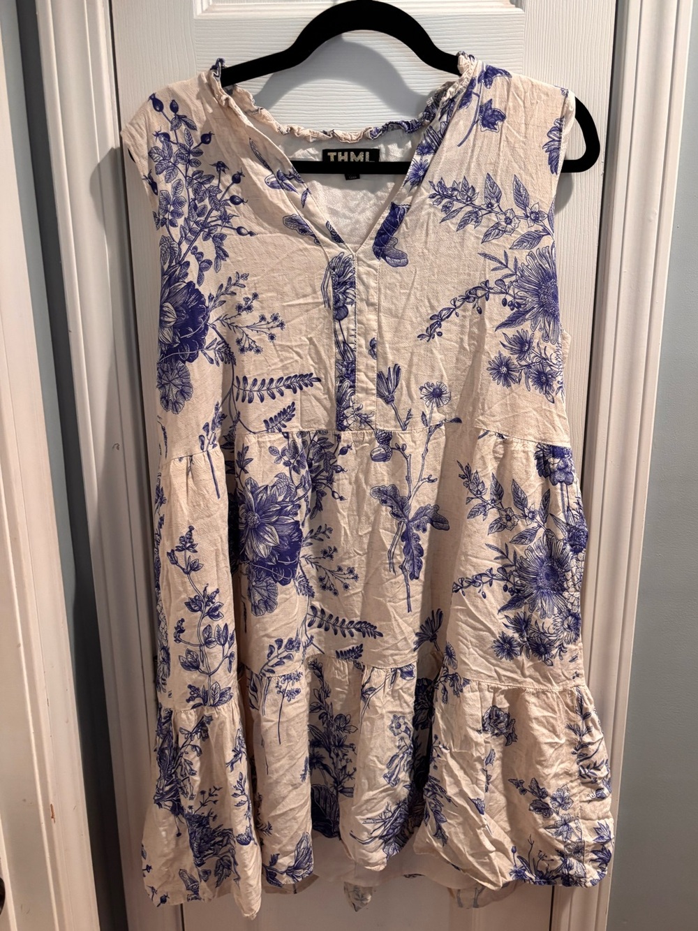 THML Cream Blue Floral Toile Print Linen Blend Dress